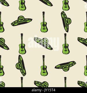 Mexikanische nahtlose Musik Muster mit sombrero Hut und Gitarre Vektor-illustration Hintergrund. Stock Vektor