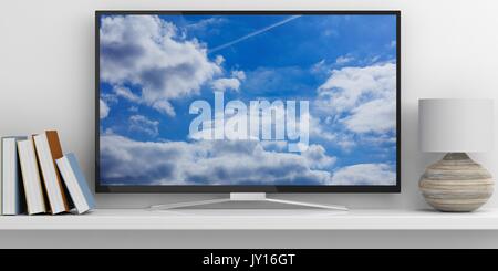 TV, Bücher und eine Lampe auf ein weißes Regal - weißer Hintergrund. 3D-Darstellung Stockfoto