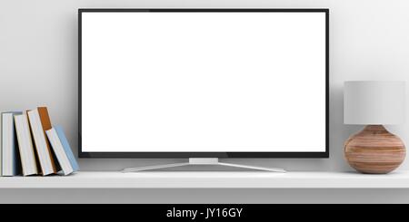 TV, Bücher und eine Lampe auf ein weißes Regal - weißer Hintergrund. 3D-Darstellung Stockfoto