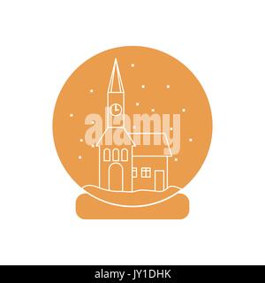 Vector Abbildung: Rathaus mit Uhr und das Haus innen Glaskugel mit Schnee. Design Element für Postkarte, Einladung, Banner oder Flyer i Stock Vektor