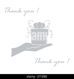 Niedliche Bild mit Hand, ein Geschenk und eine Inschrift: Ich danke Ihnen auf einem weißen Hintergrund. Stock Vektor