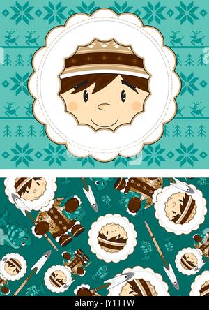 Cute Cartoon Inuit Fischer mit Speer und Fisch Vector Illustration Stock Vektor