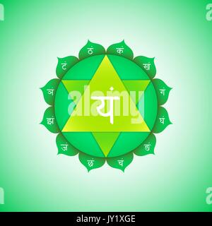 Vektor 4 Herz Chakra Anahata mit Hinduismus sanskrit Saatgut mantra Yam und Silben auf Lotusblüten. Flat Style grün volumetrische Symbol mit Colo Stock Vektor