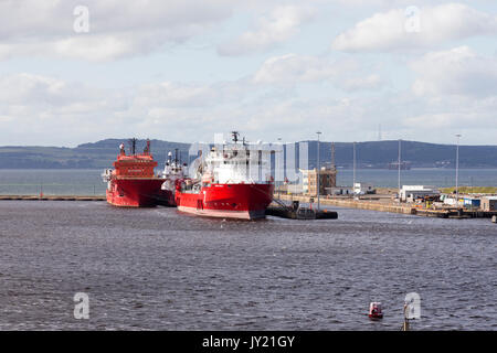 Die subsea 7 Verlegung von Schiffen die Sieben Navica und Rockwater ich an den Albert Docks Becken, Leith, Edinburgh, Schottland, Vereinigten Königreich Anker Stockfoto