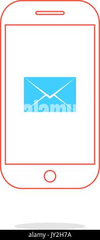 Rote Umrahmung Smartphone mit blauen Umschlag und Schatten Stock Vektor