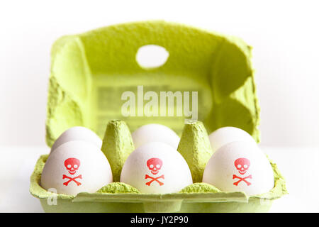 Eier in einem Grünbuch Paket mit den Eiern mit einem roten giftig Gefahr symbol Schädel und Knochen bemalt. Konzept für die lebensmittelkontamination ei Skandal. Stockfoto