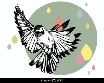 Vector Illustration einer Hand gezeichnet Vogel auf einem flachen Design grau-blauen Kreis und pastellfarbenen Regen auf dem Hintergrund Stock Vektor