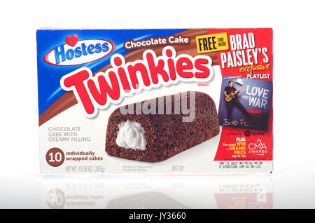 Ungeöffnete Verpackung von Schokolade Kuchen Vanillecreme gefüllt Hostess Twinkies auf weißem Hintergrund, Ausschnitt. USA Stockfoto