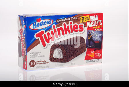 Ungeöffnete Verpackung von Schokolade Kuchen Vanillecreme gefüllt Hostess Twinkies auf weißem Hintergrund, Ausschnitt. USA Stockfoto