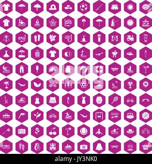 100 Sommer Symbole hexagon Violett Stock Vektor