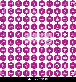 100 Sommerferien Symbole hexagon Violett Stock Vektor