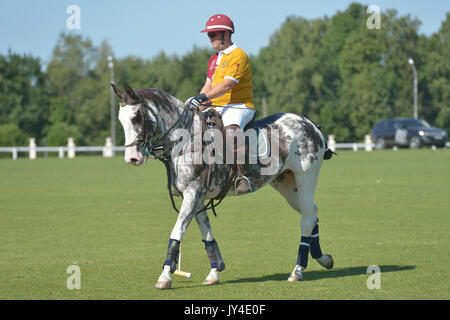 Tseleevo, Moskauer Gebiet, Russland - Juli 26, 2014: Boris Osoyev der Tseleevo Polo Club Aufwärmen vor dem Spiel gegen den Oxbridge Polo Team während des Th Stockfoto