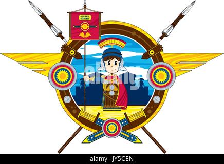 Cute Cartoon antiken römischen Hauptmann Soldat mit Fahne Flagge Vector Illustration Stock Vektor