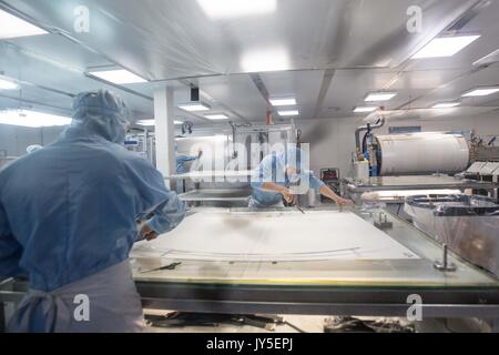 Kaluga, Russland. 18. Juli 2017. Die russischen Arbeiter arbeiten in einem Automobil-Floatglas Produktion in der Fabrik in Russland von Chinas Fuyao Glass Industry Group Co. in Kaluga, Russland, 18. Juli 2017. Fuyao Group ist ein bekannter chinesischer Unternehmen, spezialisiert in der Herstellung von Automobilen und industriellen technologischen Glas. Fuyao investiert im Jahr 2011 rund 200 Millionen US-Dollar Automobil-Produktionslinien für Floatglas in Kaluga zu errichten. Credit: Wu Zhuang/Xinhua/Alamy leben Nachrichten Stockfoto