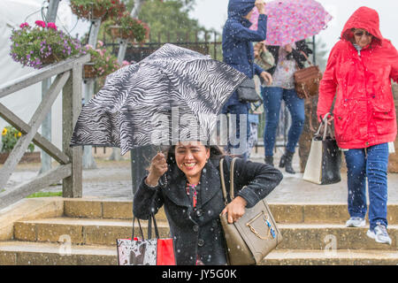 Southport, Merseyside, UK. 18 Aug, 2017. UK Wetter. Heavy Rain & Sintflutartige Schauer Ankünfte Grüße an der jährlichen Southport Flower Show am 2. Tag dieses botanischen Extravaganz. Aussteller, Garten Designer, und floralen Exponate erwarten die Ankunft von bis zu 80.000 Besuchern, von denen erwartet wird, dass sie zu dieser berühmten jährlichen Veranstaltung zu besuchen. Kredit; MediaWorldImages/AlamyLiveNews Stockfoto