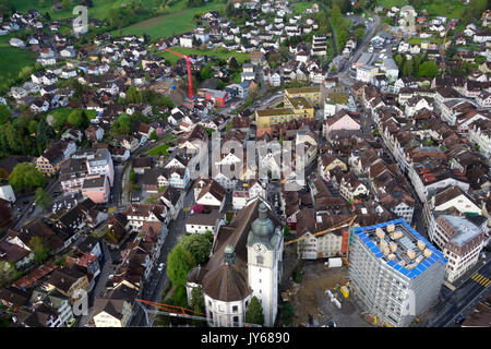 Luftaufnahme der Kleinstadt Altstätten, Zentrum *** Local Caption *** Altstätten, Altstatten, Stadt, Kirche, Rheintal, St. Gallen, Schweiz, Antenne Stockfoto