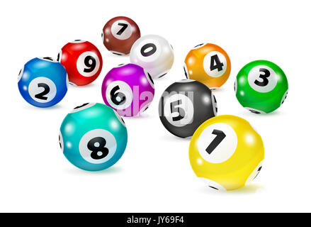 Abbildung: Bunte Bingo Kugeln liegen in zufälliger Reihenfolge. Stockfoto