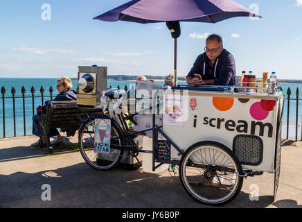 Ein Mann verkaufen Eis von einem Fahrrad am Meer in Tenby, Wales Stockfoto