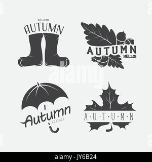 Satz von Herbst schwarz Embleme auf den weißen Hintergrund mit einem Blatt, Regenschirm, Blätter, Eicheln und Stiefel. Willkommen und das Wetter. Vector Illustration Stock Vektor