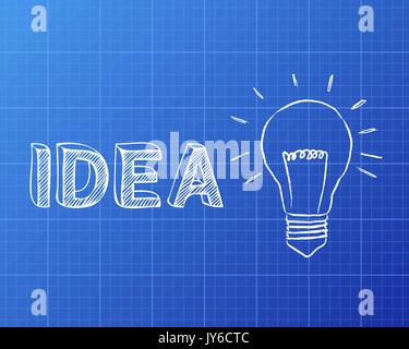 Hand Idee Zeichen und Glühbirne auf blueprint Hintergrund Stock Vektor