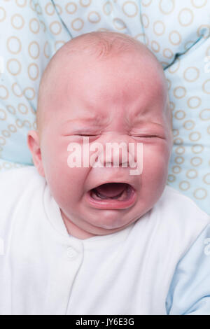 Porträt einer niedlichen Baby Junge sitzt und weint. Adorable 7 Monate alten Kind. Stockfoto