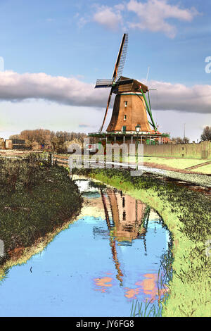 Traditionelle holländische Windmühle in Zaanse Schans, Amsterdam, Holland, (Art Stil mit bemalten Vordergrund) Stockfoto