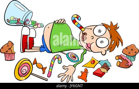 Cartoon humorvolle Konzept Abbildung: Wie ein Kind im Süßigkeitenladen Sagen oder Sprichwort Stock Vektor
