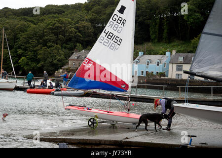 Dale, West Wales. Mensch und ein Hund mit einem Topper Beiboot auf einem Anhänger, über im Wasser. Stockfoto
