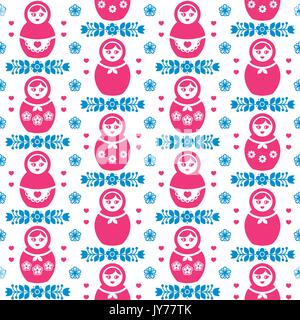 Russische Puppe Matrjoschka folk art floral nahtlose Muster russische Puppen retro repetitive Rosa und blauen Hintergrund mit Blumen Stock Vektor