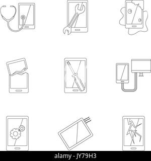 Defekte Telefone fix Icon Set, outline Style Stock Vektor