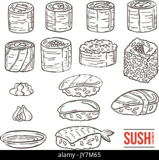 Doodle japanisches Sushi und Rollen Sammlung. Traditionelle frische Meeresfrüchte. Asien Küche köstlich. Reis mit Lachs, Aal, Alge. Vektor einrichten. Stock Vektor