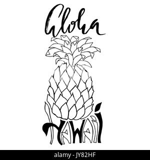 Aloha Hawaii. Typografie Banner. Ananas Skizze Abbildung. Kalligraphie Poster. Vektor Schriftzug. Stock Vektor