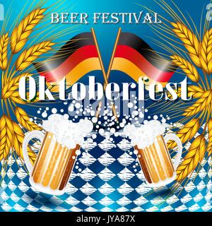 Vintage styled Emblem mit Gläser Bier und zwei deutsche Fahnen für das Oktoberfest. Vector Illustration Stock Vektor