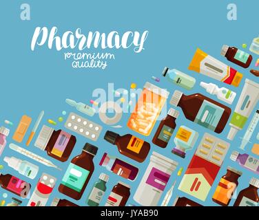 Pharmazie, Pharmakologie Banner. Medizin, Flaschen und Pillen Konzept. Vector Illustration Stock Vektor