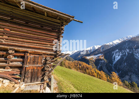 Blockhaus von bunten Wäldern und schneebedeckten Gipfeln Schmitten Albula Bezirk Kanton Graubünden Schweiz Europa umgeben Stockfoto