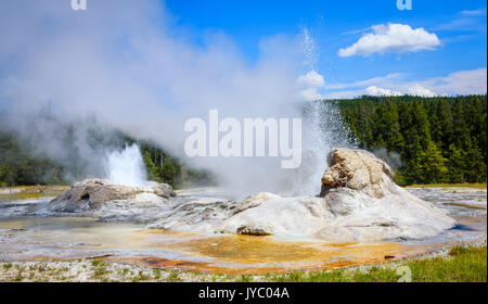 Dampf und ausbrechenden Gewässer oberhalb der Großen Grotte Geysir in Upper Geyser Basin vent. Yellowstone National Park steigende Stockfoto