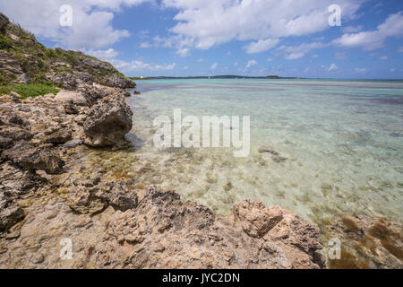 Die türkisen Farbtönen der Karibik von den Klippen von Grüne Insel Antigua und Barbuda Leeward Island West Indies gesehen Stockfoto