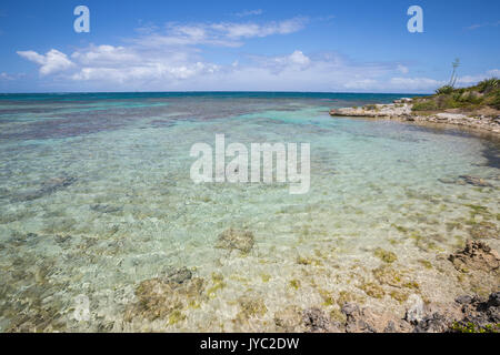 Die türkisen Farbtönen der Karibik von den Klippen von Grüne Insel Antigua und Barbuda Leeward Island West Indies gesehen Stockfoto