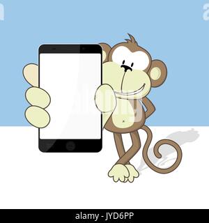 Lächelnd Affe mit smart phone zeigt leere Touchscreen Stock Vektor