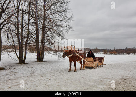 Moskau - 10.04.2017: ein Mann in einem Wagen mit orangefarbenen Pferd, Moskau, park Kolomenskiy. Stockfoto