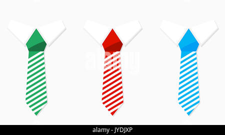 Satz farbiger Krawatte grün blau und rot. Business casual Kollektion. Vector Illustration Stockfoto