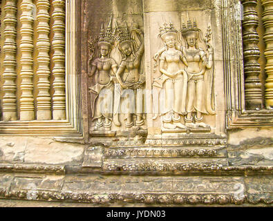 Die Einzelheiten der Steinmetzarbeiten in Angkor Wat, Kambodscha. Stockfoto