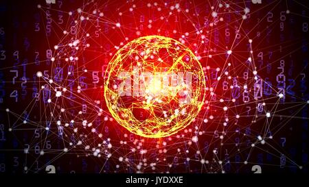 Abstrakte Netzwerk Sphäre mit beweglichen Zahlen, Linien und Punkte - Nahtlose Loop Animation Stockfoto