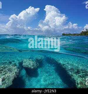 Marine über und unter der Meeresoberfläche, bewölkt blauer Himmel mit felsigen Meeresgrund unterwasser Split durch die Wasserlinie, Huahine Island, Pazifischer Ozean, Französisch Polynesien Stockfoto