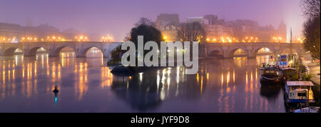 Ile de la Cite in der Dämmerung mit Nebel, der Seine, und Pont Neuf Brücke. Winter in Paris, Frankreich Stockfoto