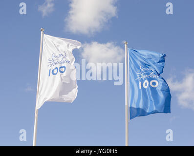 Naantali, Finnland - 3. August 2017. Die Flags für die Feier der Finlands ersten 100 hundert Jahre Welle im Wind an einem sonnigen Sommertag in der Ci Stockfoto