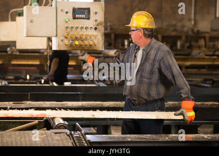 (170819) - Toronto (Kanada), August 19, 2017 (Xinhua) - ein Arbeitnehmer, der Prozesse eine Platine ein schnittholz hersteller von Murray Brüder Lumber Company in Ontario, Kanada, am 12.08.16., 2017. Die Usa eröffnete die 23-jährige North American Free Trade Agreement (NAFTA) Nachverhandlungen Mittwoch mit einer Erklärung, dass es für grössere Änderungen an der Vereinbarung, die Verschiebungen in der Handelsbilanz. Aber, kanadischer Unternehmer hoffen US-Unterhändler empfänglich wird für die Aufrechterhaltung, wenn nicht verbessern, wird der aktuelle Fluss von Waren und der Arbeitnehmer über die Grenze hinweg. Fehden über Nadelschnittholz haben eine neu Stockfoto