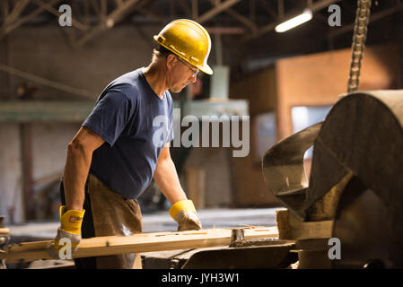 (170819) - Toronto (Kanada), August 19, 2017 (Xinhua) - ein Arbeitnehmer, der Prozesse eine Platine ein schnittholz hersteller von Murray Brüder Lumber Company in Ontario, Kanada, am 12.08.16., 2017. Die Usa eröffnete die 23-jährige North American Free Trade Agreement (NAFTA) Nachverhandlungen Mittwoch mit einer Erklärung, dass es für grössere Änderungen an der Vereinbarung, die Verschiebungen in der Handelsbilanz. Aber, kanadischer Unternehmer hoffen US-Unterhändler empfänglich wird für die Aufrechterhaltung, wenn nicht verbessern, wird der aktuelle Fluss von Waren und der Arbeitnehmer über die Grenze hinweg. Fehden über Nadelschnittholz haben eine neu Stockfoto