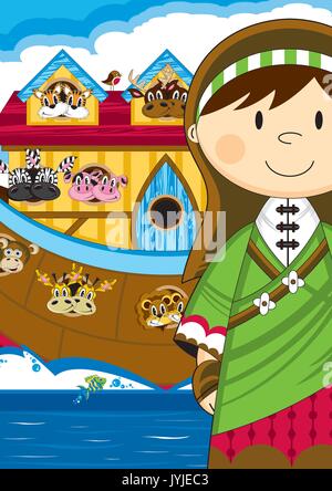 Cartoon Arche Noah mit Tieren der biblischen Darstellung Stock Vektor