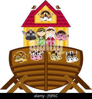 Cartoon Arche Noah mit Tieren der biblischen Darstellung Stock Vektor